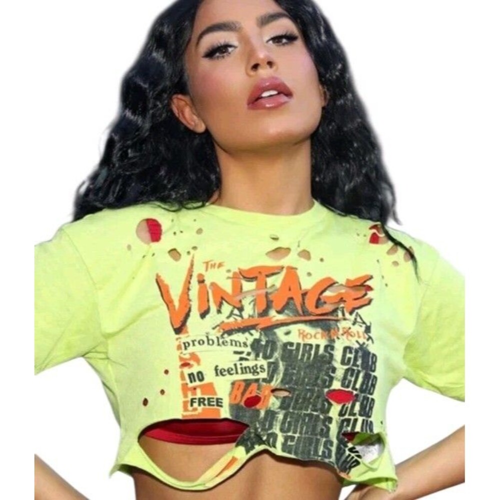 Fashion Nova Rock & Roll The Vintage Top Womens L Neon Green Graphic Print Punk